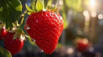 ai generato fragole in crescita nel il giardino. avvicinamento. selettivo messa a fuoco. foto