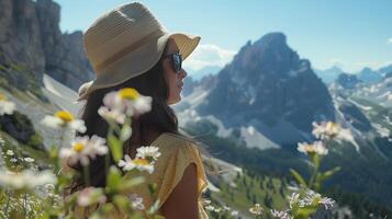 ai generato donna abbraccia montagna serenità in piedi orgoglioso su scogliera ornato con tesa larga cappello e occhiali da sole foto