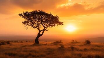 ai generato resiliente solitario albero sta orgoglioso nel spazzato dal vento paesaggio Abbracciare una persona pieno di speranza splendore di ambientazione sole foto