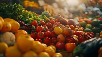 ai generato vivace fresco produrre diffusione su di legno tavolo a Locale agricoltori mercato foto