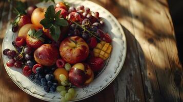 ai generato squisito salumi tavola formaggi carni frutta e noccioline schierato nel morbido naturale leggero contro rustico di legno sfondo foto