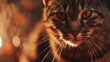 ai generato curioso gatto sbircia a partire dal accogliente illuminata dal sole vivente camera foto