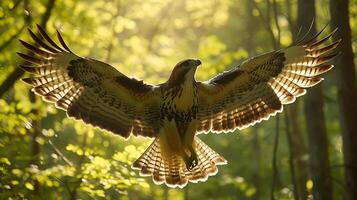ai generato ferito falco rilasciato in illuminata dal sole foresta in mezzo natura reinserimento sforzi foto