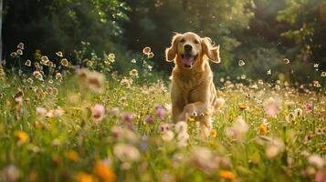 ai generato d'oro cane da riporto in esecuzione attraverso fiori selvatici catturato nel messa a fuoco con sfocato sfondo utilizzando 50mm lente foto