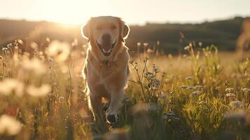 ai generato gioioso labrador recupero scherzosamente nel erboso campo orecchie flop lingua su largo angolo lente cattura naturale dintorni foto