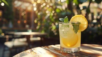 ai generato rinfrescante limonata serenità bicchiere Limone e menta su all'aperto terrazza catturato con 50mm lente foto