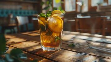 ai generato rinfrescante bicchiere di ghiacciato limonata guarnito con Limone e menta impostato nel luminosa all'aperto terrazza scena foto