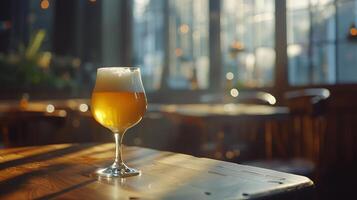 ai generato gelido birra luccica su di legno tavolo come morbido leggero filtri attraverso finestra foto