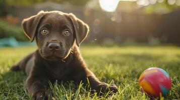 ai generato adorabile cucciolo giochi con colorato palla nel morbido naturale leggero circondato di erboso Giardino dietro la casa gioia foto