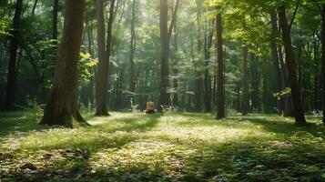 ai generato tranquillo foresta radura meditazione yoga e scrivere sul diario nel tranquillo, calmo natura dintorni foto