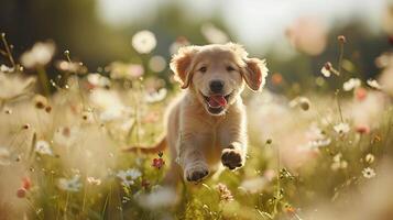 ai generato d'oro cane da riporto cucciolo scherza nel illuminata dal sole campo di fiori selvatici catturato nel largo tiro con 50mm lente foto