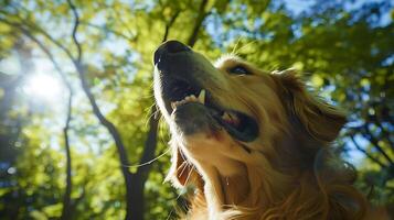 ai generato gioioso d'oro cane da riporto scherza nel illuminata dal sole parco catturato con 50mm lente in mezzo vivace verdura foto