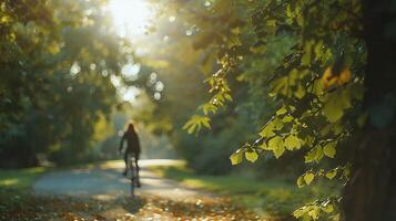 ai generato femmina ciclista scivola attraverso illuminata dal sole sentiero in mezzo albero ombre foto