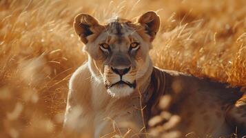 ai generato maestoso leonessa riposa nel africano savana circondato di alto erba e espansivo dolcemente sfocato paesaggio foto