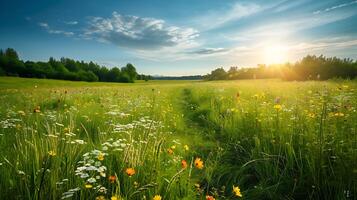 ai generato d'oro luce del sole riempimenti sereno campo con fiori selvatici evocando ottimismo e resilienza foto