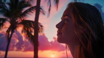 ai generato giovane donna contempla montagna Visualizza a partire dal scogliera bordo bagnata nel morbido naturale leggero foto