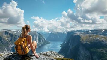 ai generato giovane donna contempla maestoso montagna Visualizza arroccato su scogliera bordo contro chiaro blu cielo foto