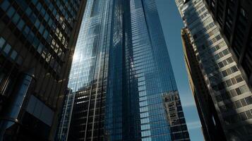ai generato futuristico grattacielo riflettendo blu cielo circondato di urbano paesaggio nel teleobiettivo largo tiro foto