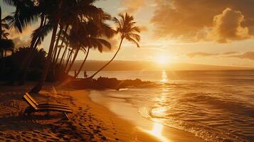 ai generato tranquillo spiaggia tramonto d'oro leggero palma alberi e sagome riflettendo su il calma oceano foto