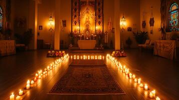 ai generato armonioso raccolta un' spirituale santuario abbracciato di lume di candela incenso e riverente canti foto