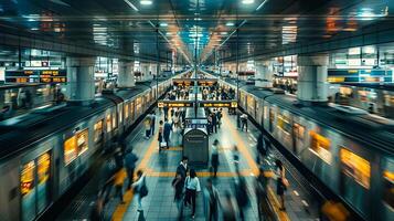 ai generato corsa ora caos urbano metropolitana stazione catturato nel largo 50mm lente tiro foto