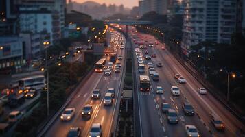 ai generato vivace paesaggio urbano catturato con 50mm lente in mostra occupato autostrada e pubblico mezzi di trasporto foto