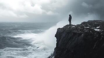 ai generato determinato figura facce turbolento mare con incrollabile risolvere su aspro scogliera bordo foto