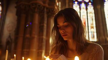 ai generato giovane donna luci candela nel debolmente illuminato Chiesa macchiato bicchiere finestre getto colorato leggero foto