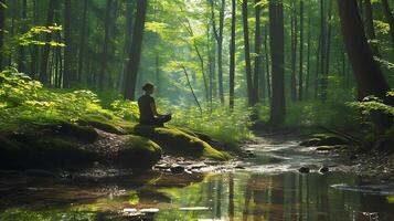 ai generato tranquillo foresta meditazione sereno mattina luce del sole fiori selvatici e naturale armonia foto