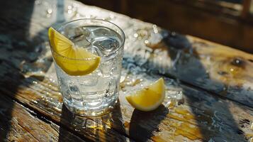 ai generato rinfrescante ghiacciato limonata luccica con Limone e menta su soleggiato all'aperto terrazza foto