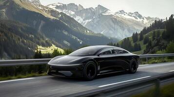 ai generato elegante elettrico auto scivola attraverso montagna scenario sottolineando design e angolo ampio prospettiva foto