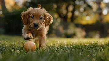 ai generato giocoso cucciolo insegue palla nel erboso parco catturato nel largo angolo lente foto
