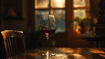 ai generato elegante vino bicchiere riposa su di legno tavolo nel accogliente debolmente illuminato ambientazione catturato nel avvicinamento foto