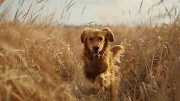 ai generato d'oro cane da riporto abbraccia gioioso correre attraverso alto erba bagnata nel morbido naturale leggero con 50mm lente messa a fuoco foto