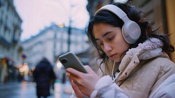 ai generato donna sorrisi ascoltando per musica con senza fili cuffie e moderno smartphone foto