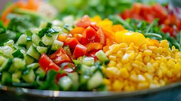 ai generato vivace insalata ciotola catturato nel avvicinamento con fresco ingredienti e colorato condimenti utilizzando 50mm lente foto