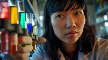 ai generato femmina scienziato conduce ricerca nel laboratorio l'esame microscopio con test tubi nel sfondo foto