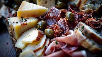 ai generato vivace salumi tavola un' colorato Vettore di formaggi guarito carni e fresco pane nel un' avvicinamento 50mm tiro foto