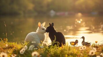 ai generato tranquillo tramonto scena lago alberi il canto degli uccelli fiori selvatici terroso foresta profumo foto