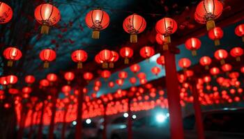 ai generato Cinese lanterne illuminare il notte, festeggiare tradizionale festival generato di ai foto