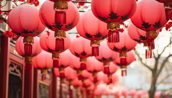 ai generato Cinese lanterne illuminare il notte, simboleggiante vivace cultura e prosperità generato di ai foto