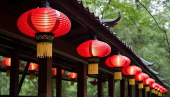 ai generato Cinese lanterne illuminare il notte, festeggiare antico culture e tradizioni generato di ai foto