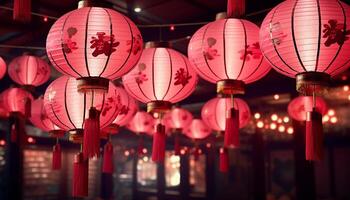 ai generato Cinese lanterne illuminare il notte, simboleggiante vivace cultura e prosperità generato di ai foto