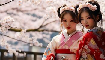 ai generato Due giovane donne nel tradizionale giapponese capi di abbigliamento sorridente all'aperto generato di ai foto