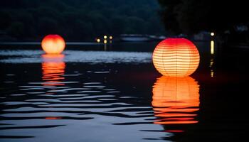 ai generato vivace estate tramonto riflette su tranquillo acqua, illuminante natura generato di ai foto