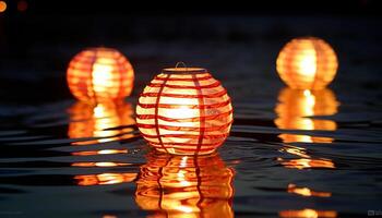 ai generato raggiante lanterna riflette su acqua, illuminante tranquillo estate notte generato di ai foto