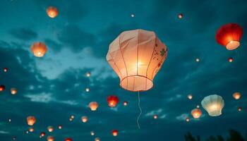 ai generato raggiante lanterne illuminare il notte cielo nel un' festivo celebrazione generato di ai foto