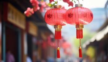 ai generato Cinese lanterne illuminare il notte, simboleggiante prosperità e tradizione generato di ai foto