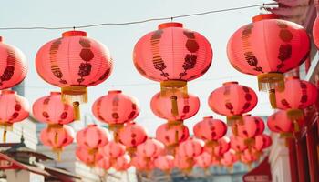 ai generato Cinese lanterne sospeso nel chinatown illuminare il tradizionale Festival generato di ai foto