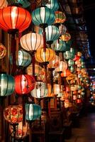 ai generato vivace carta lanterne illuminare notte mercati, in mostra diverso culture generato di ai foto